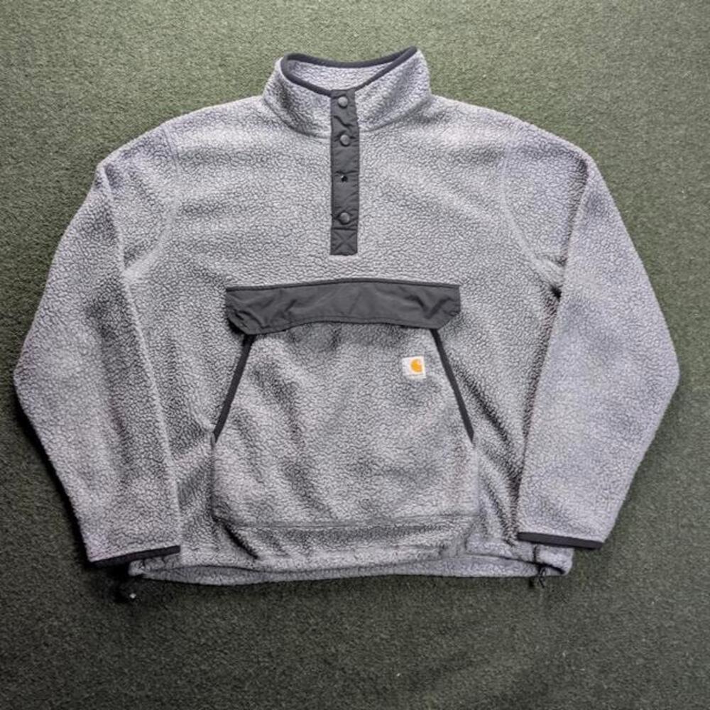 CARHARTT High Pile Sherpa Fleece Snap Mock Neck Pullover Jacket Grey Large
